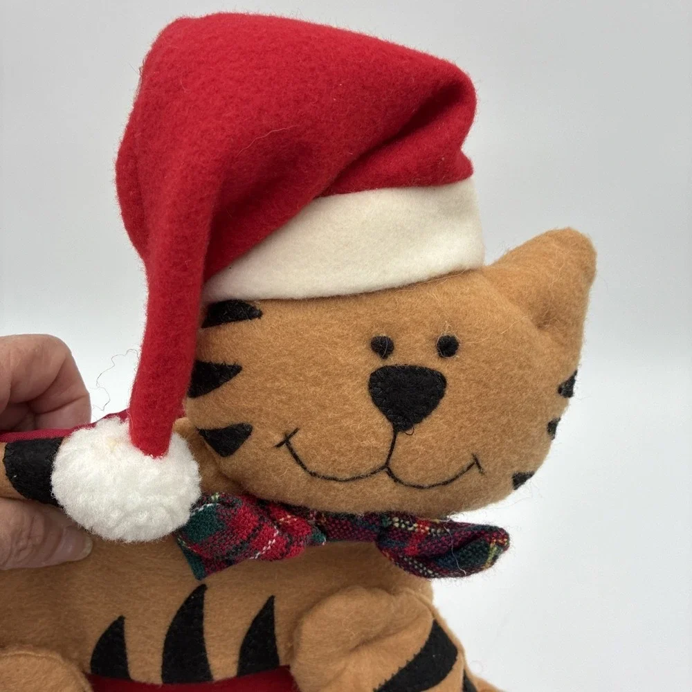 Christmas Cat Stocking Red Felt Orange Tabby Plaid Bow Tie Meow Fish 20 inch